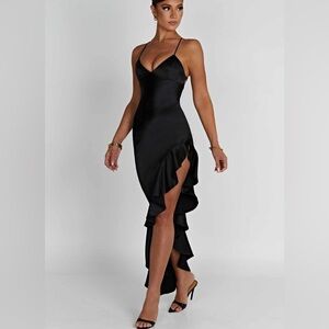 NWT Babyboo Flora Maxi Dress Satin Open Back Ruffle High Slit In Black Size M